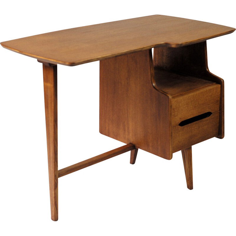 Bema tripod desk in plywood, natural oak and massif oak, Jacques HAUVILLE - 1960s