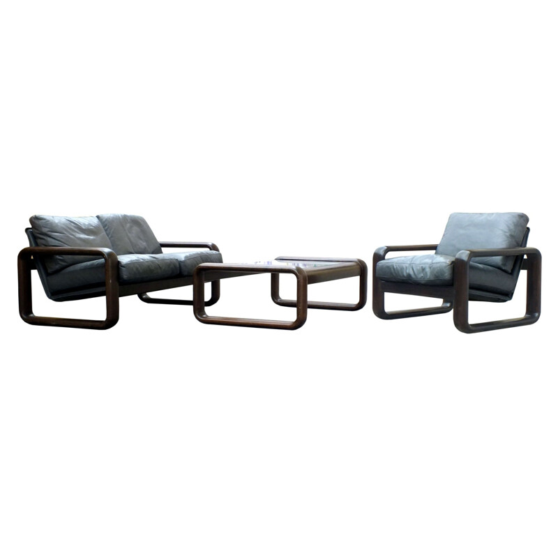 Vintage leather and wood sofa set from Rosenthal by Burkhard Vogtherr, 1974