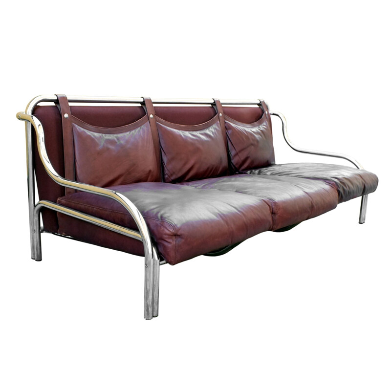 Pair of vintage chrome and leather sofas by Gae Aulenti for Poltronova, Italy 1965