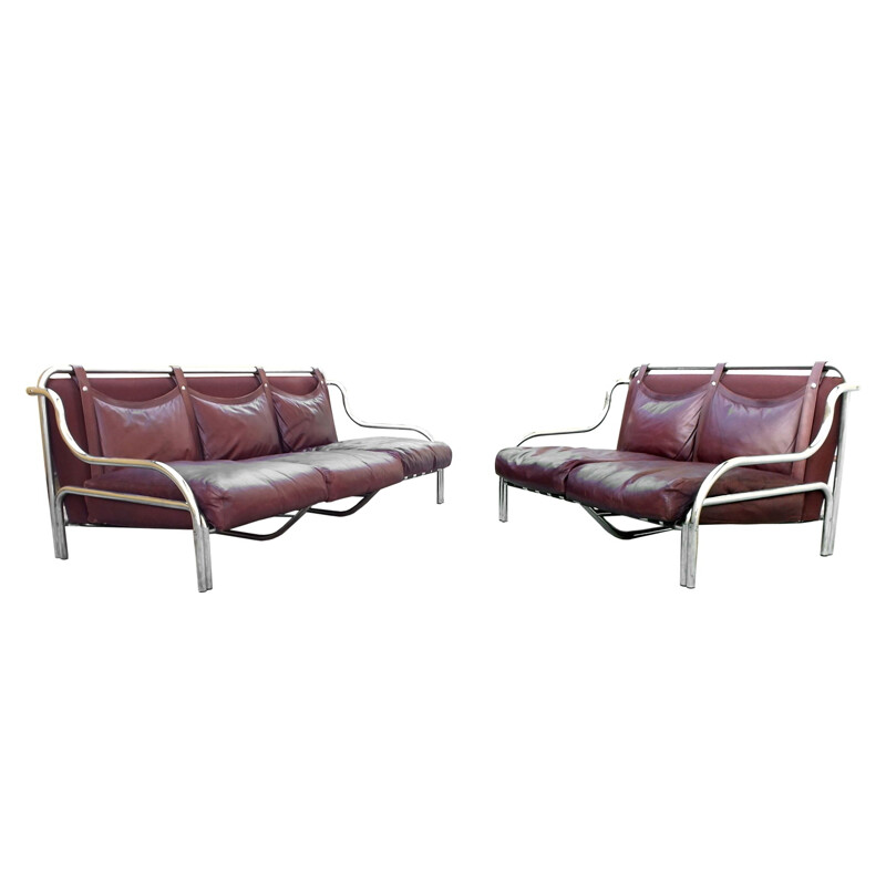 Pair of vintage chrome and leather sofas by Gae Aulenti for Poltronova, Italy 1965