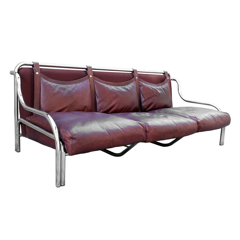 Pair of vintage chrome and leather sofas by Gae Aulenti for Poltronova, Italy 1965