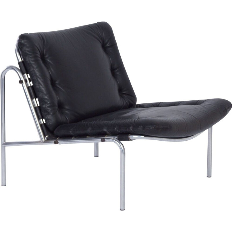 Vintage Easy Chair Black Leather by Martin Visser for 't Spectrum, Osaka 1960s
