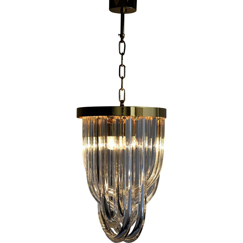 Vintage Venini Pendant Chandelier, Curved Crystal Glass and Gold Plated Brass, Italy