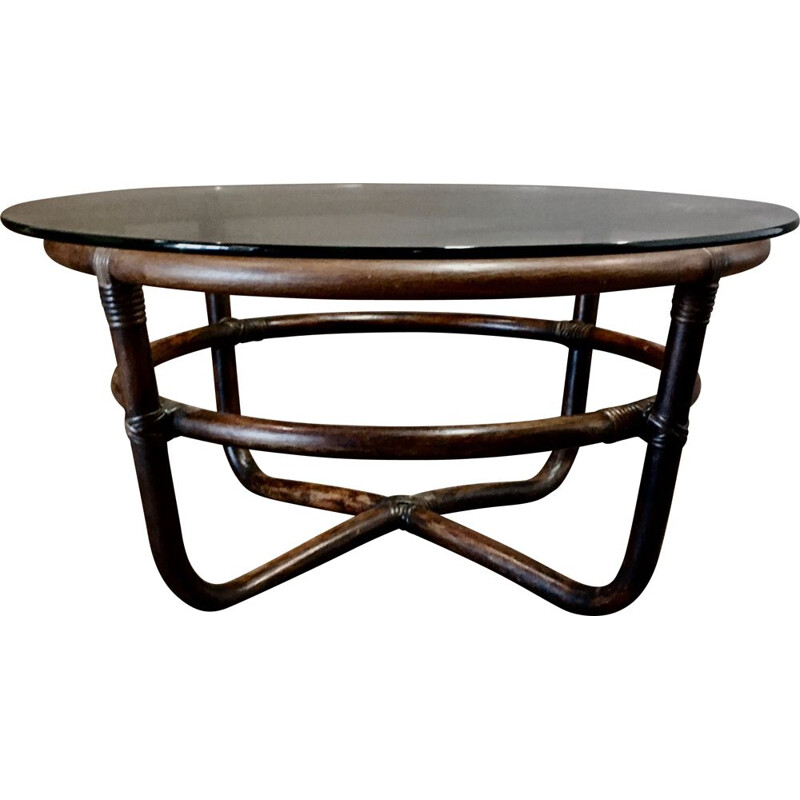 Vintage round coffee table rattan 1950