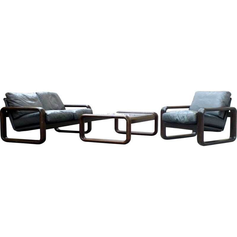 Vintage leather and wood sofa set from Rosenthal by Burkhard Vogtherr, 1974