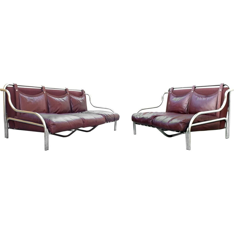 Pair of vintage chrome and leather sofas by Gae Aulenti for Poltronova, Italy 1965