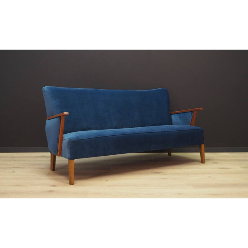 Vintage blue velvet and wooden sofa, Denmark, 1960