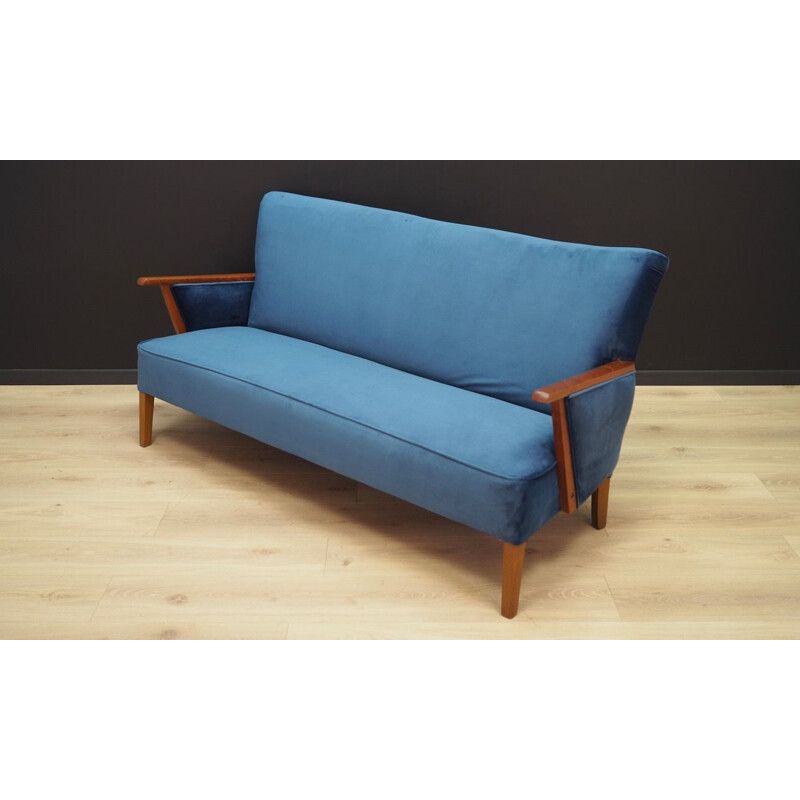 Vintage blue velvet and wooden sofa, Denmark, 1960