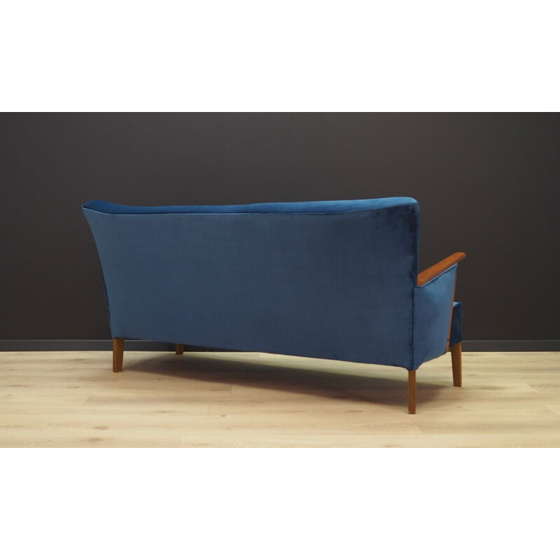 Vintage blue velvet and wooden sofa, Denmark, 1960
