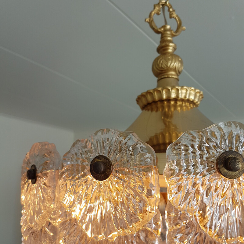 Vintage Frosen crystal glass & brass hanging lamp, Italy 1960s