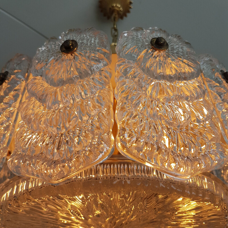 Vintage Frosen crystal glass & brass hanging lamp, Italy 1960s