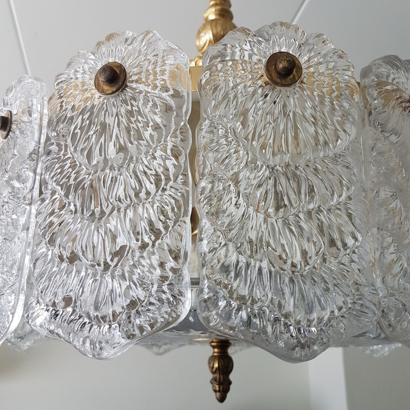 Vintage Frosen crystal glass & brass hanging lamp, Italy 1960s