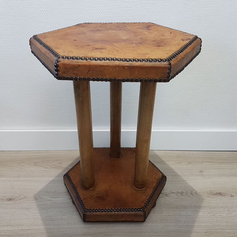 Vintage Bopoint side table in patinated leather by Otto Schulz for Boet, Scandinavian 1930s