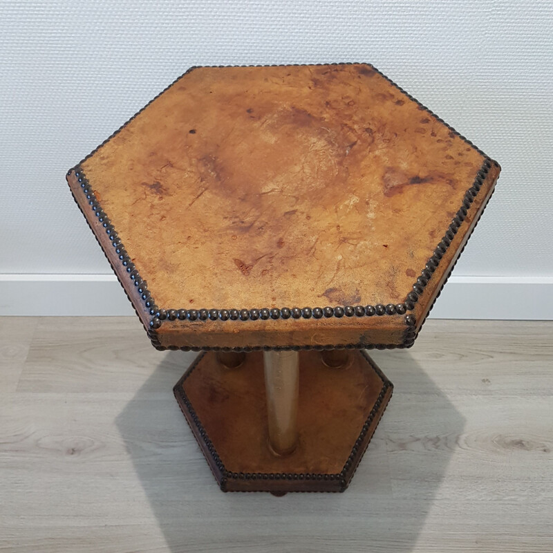 Vintage Bopoint side table in patinated leather by Otto Schulz for Boet, Scandinavian 1930s