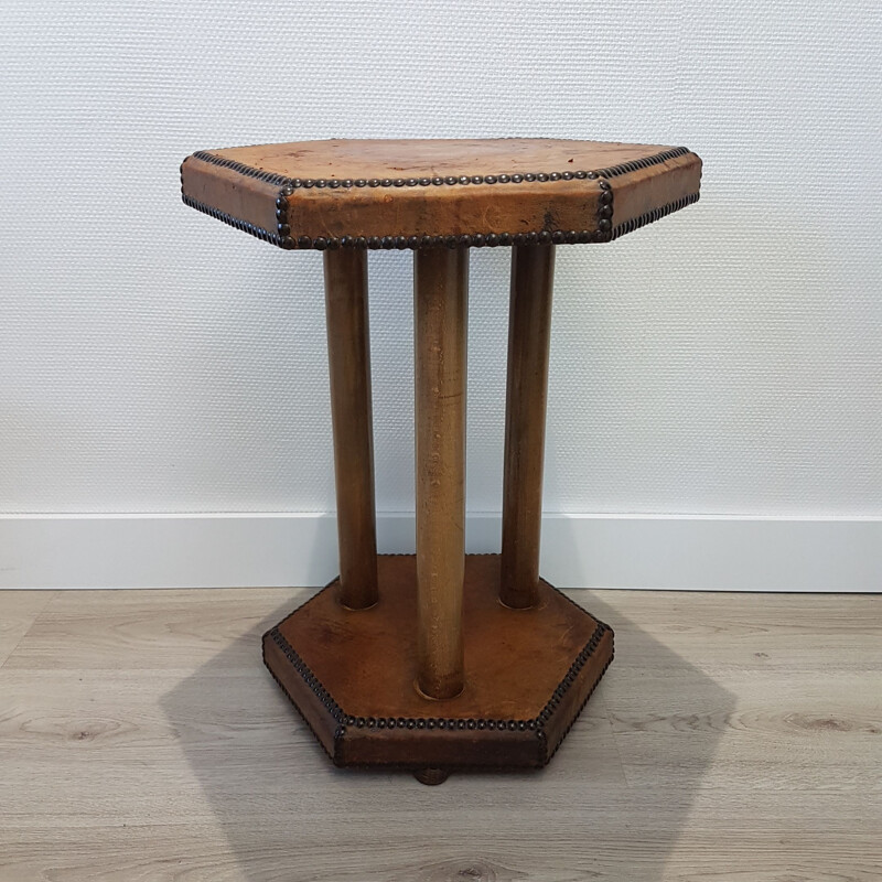 Vintage Bopoint side table in patinated leather by Otto Schulz for Boet, Scandinavian 1930s
