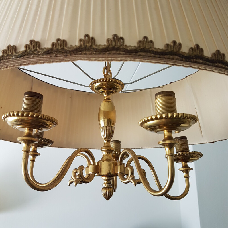 Vintage Brass 5-arm chandelier with a large nylon fabric shade, 1950s