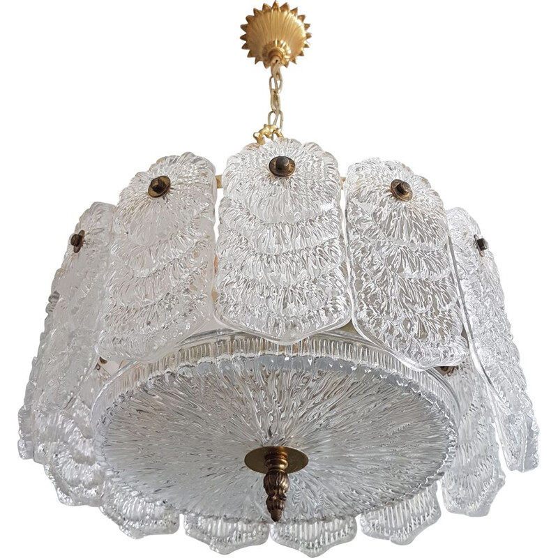 Vintage Frosen crystal glass & brass hanging lamp, Italy 1960s