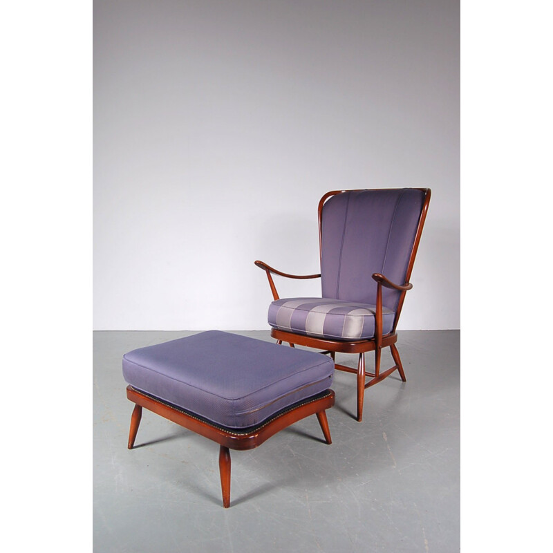 Armchair and its foot rest  in beech and purple fabric, Lucian ERCOLANI - 1950s