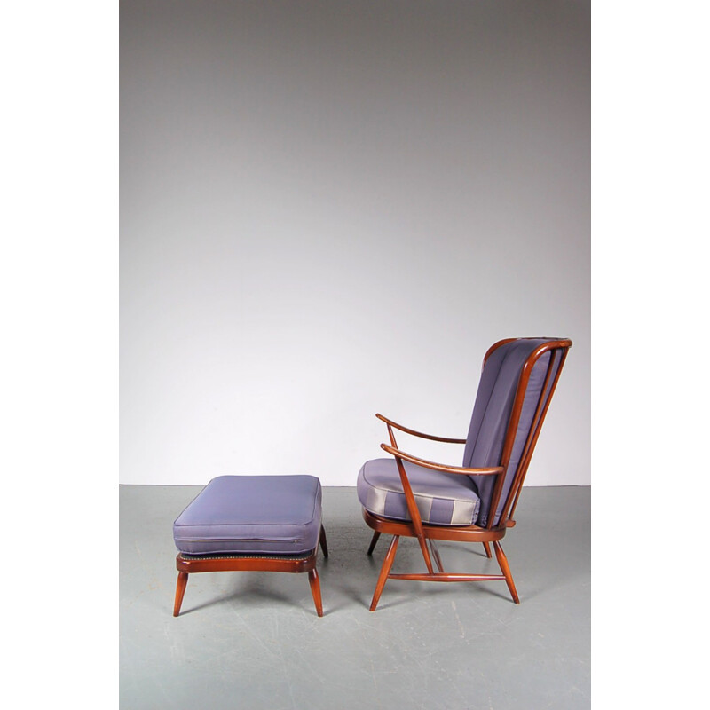 Ercol fauteuil en poef in beukenhout en paarse stof, Lucian ERCOLANI - 1950