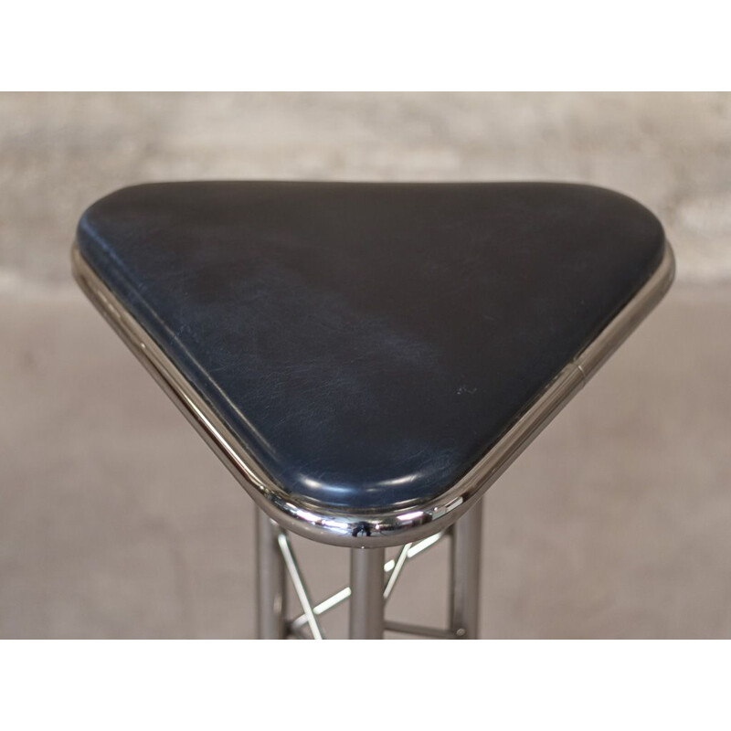 Vintage Eiffel bar stool, club version, chrome frame, midnight blue leather 1980
