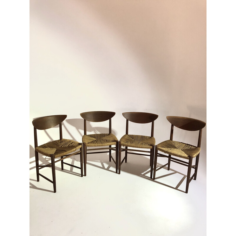 Suite de 4 chaises vintage en teck et paille 