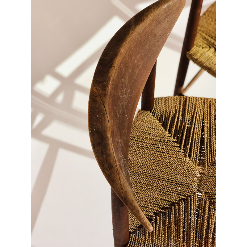 Suite of 4 vintage teak and straw chairs 