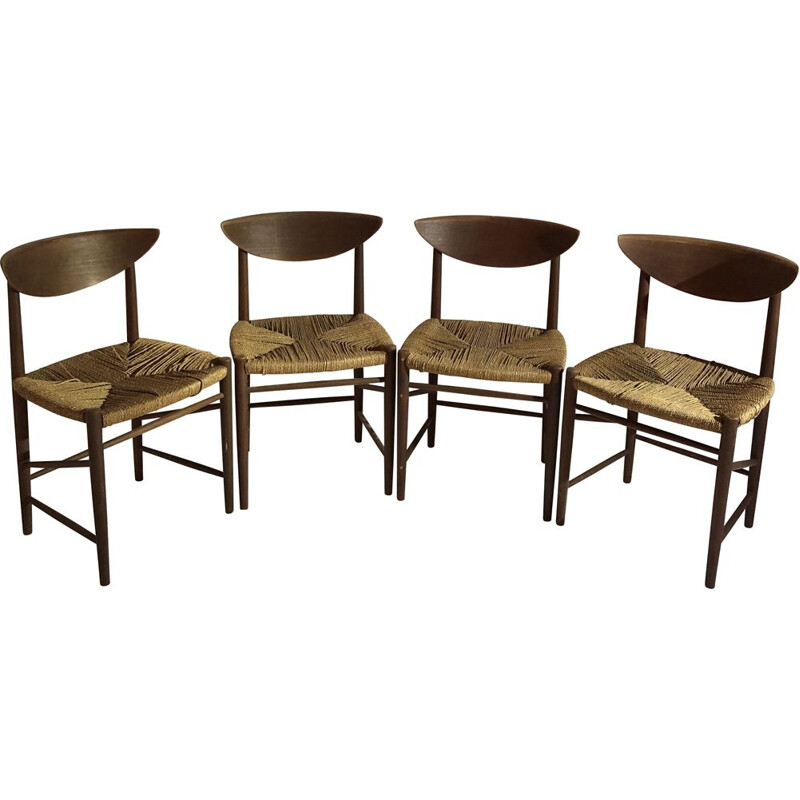 Suite of 4 vintage teak and straw chairs 