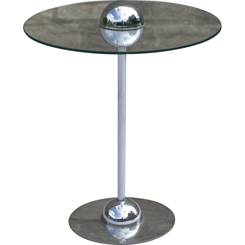 Table à boissons vintage avec bulle en chrome surélevée.Chrome et verre 