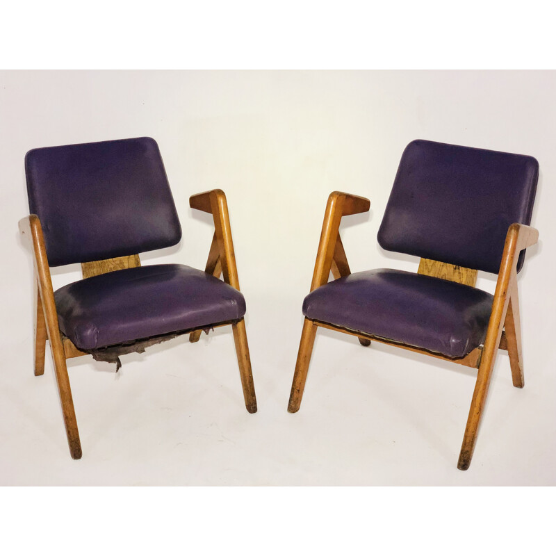 Vntage pair of armchairs in leatherette and wood 1950s