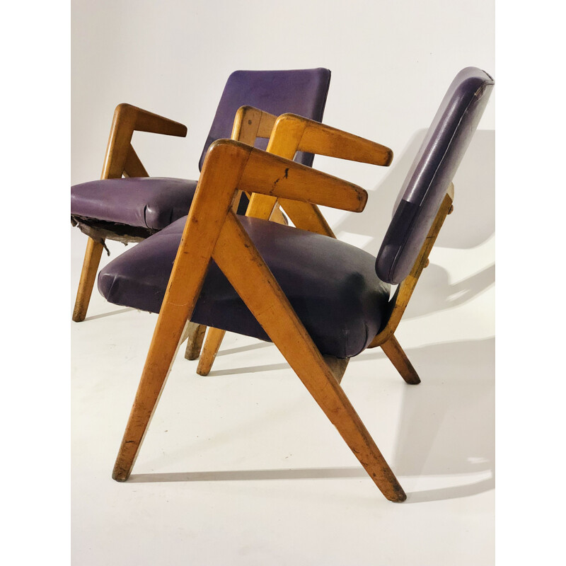 Vntage pair of armchairs in leatherette and wood 1950s