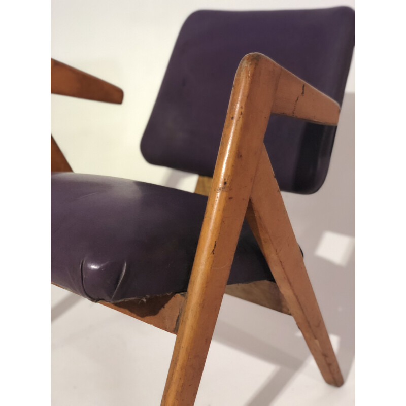 Vntage pair of armchairs in leatherette and wood 1950s