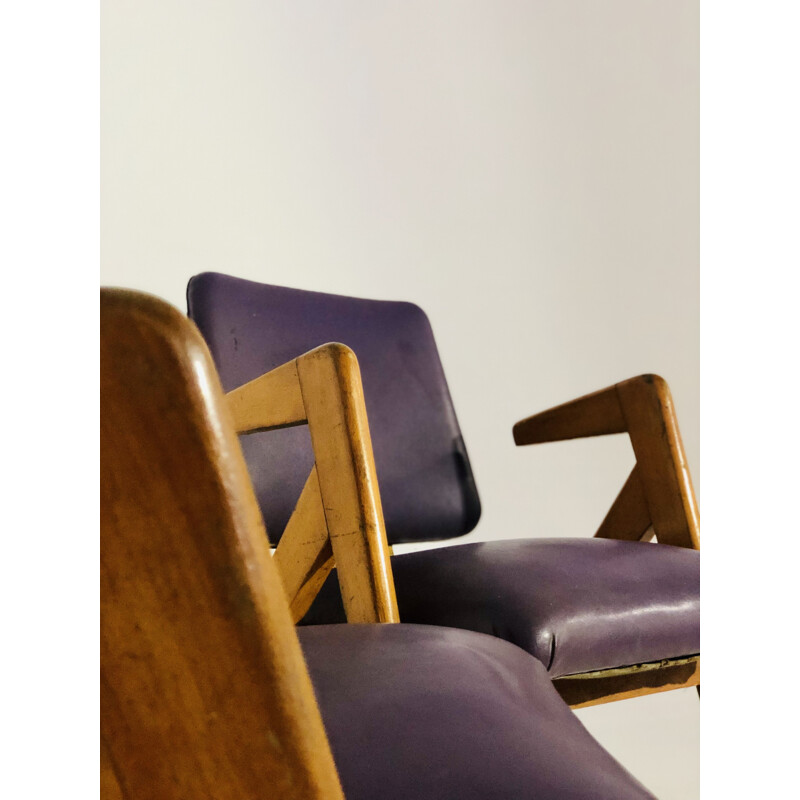 Vntage pair of armchairs in leatherette and wood 1950s