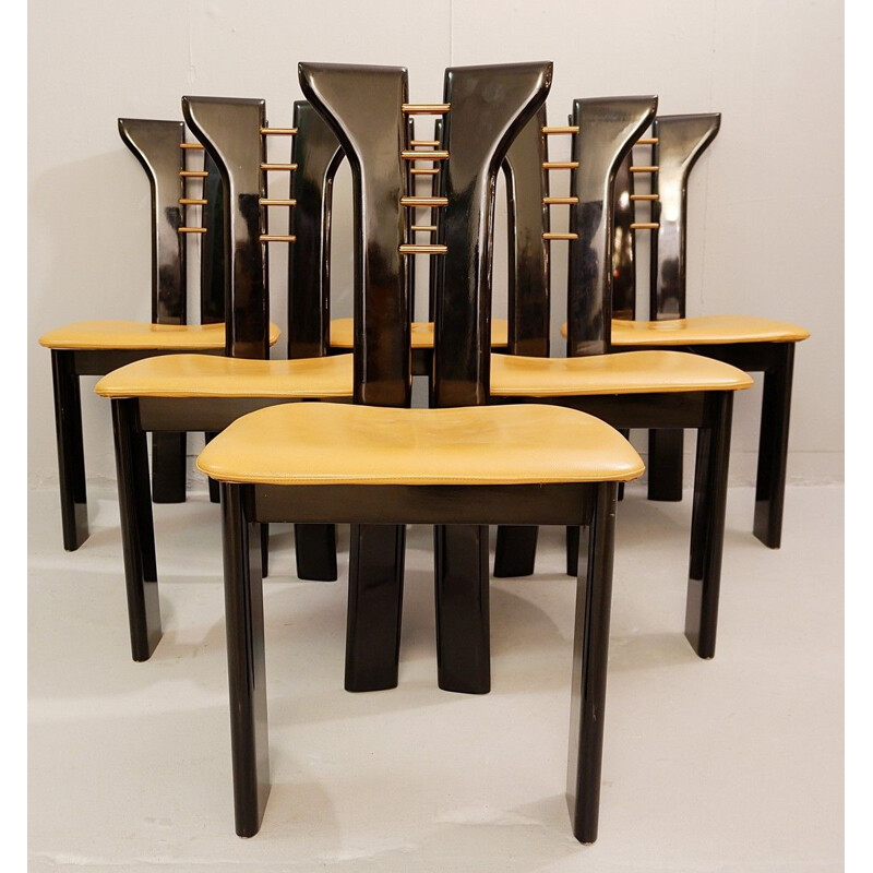 Set of 6 Pierre Cardin black lacquer sculptural vintage chairs with leather seats 1970