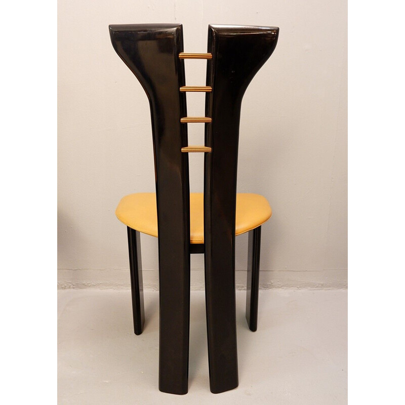 Set of 6 Pierre Cardin black lacquer sculptural vintage chairs with leather seats 1970