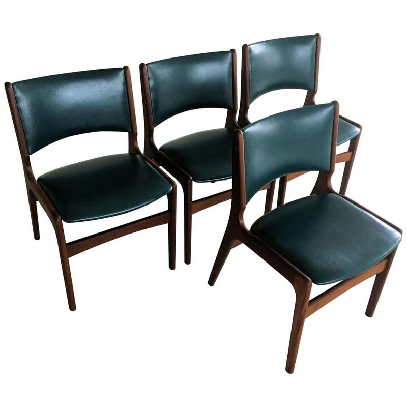 Set van 4 vintage massief teakhouten stoelen, Inc. 1980 Deense herstoffering