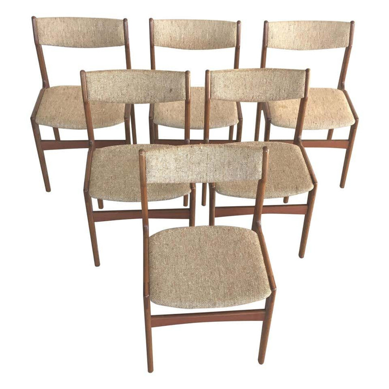 Set van 6 vintage teakhouten stoelen incl. herstoffering Erik Buch Deens 1960