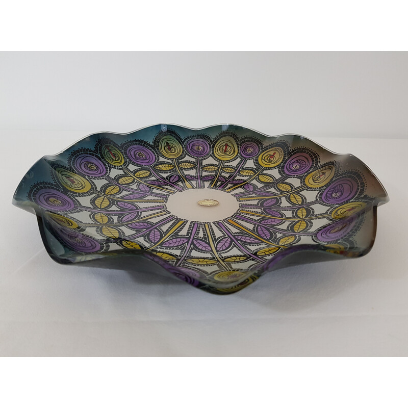 Vintage glass dish with floral design by Carlo Pagani 1950