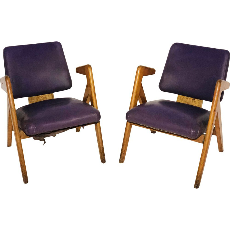 Vntage pair of armchairs in leatherette and wood 1950s