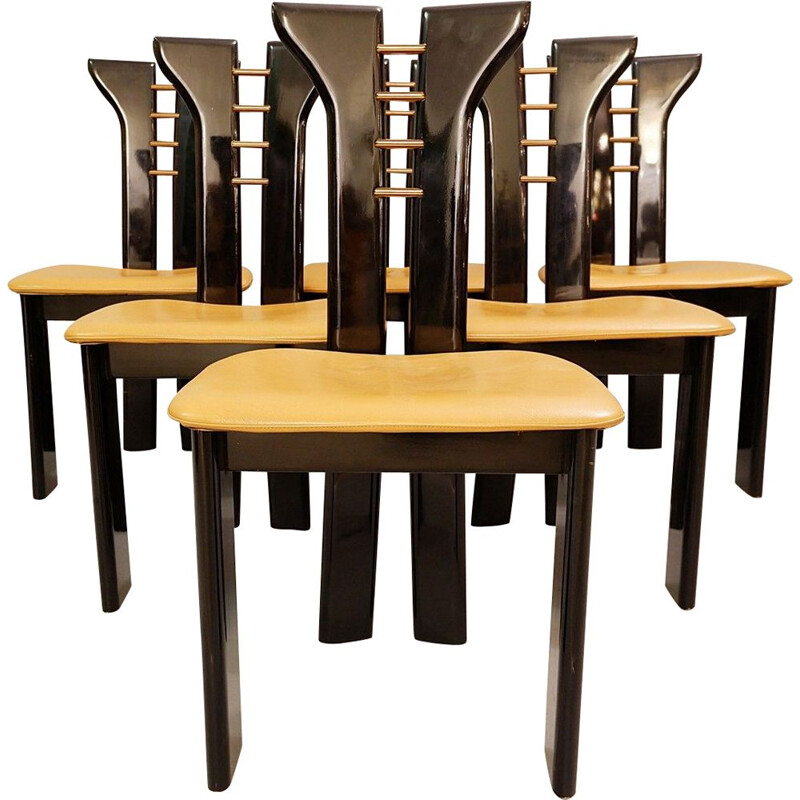 Set of 6 Pierre Cardin black lacquer sculptural vintage chairs with leather seats 1970