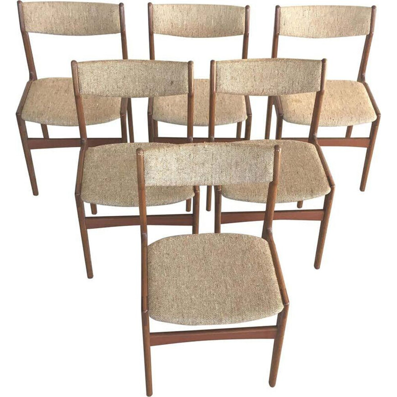 Set van 6 vintage teakhouten stoelen incl. herstoffering Erik Buch Deens 1960