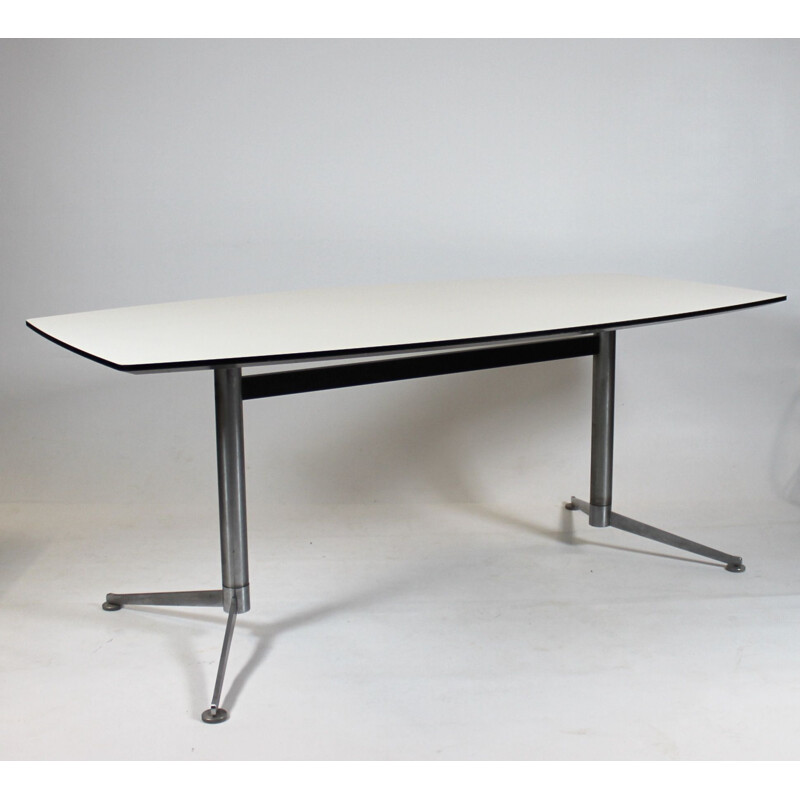 Vintage Dining table with white laminate and steel legs Charles and Ray Eames 2005