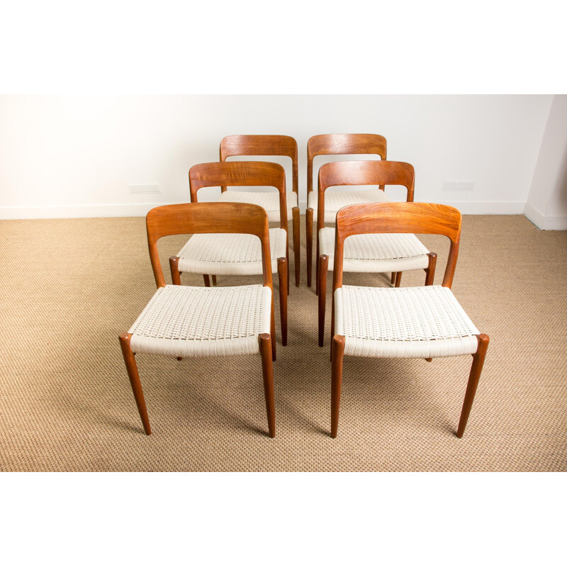 Suite of 6 vintage chairs in Teak and rope, model N 75 from N.O.Moller Danish