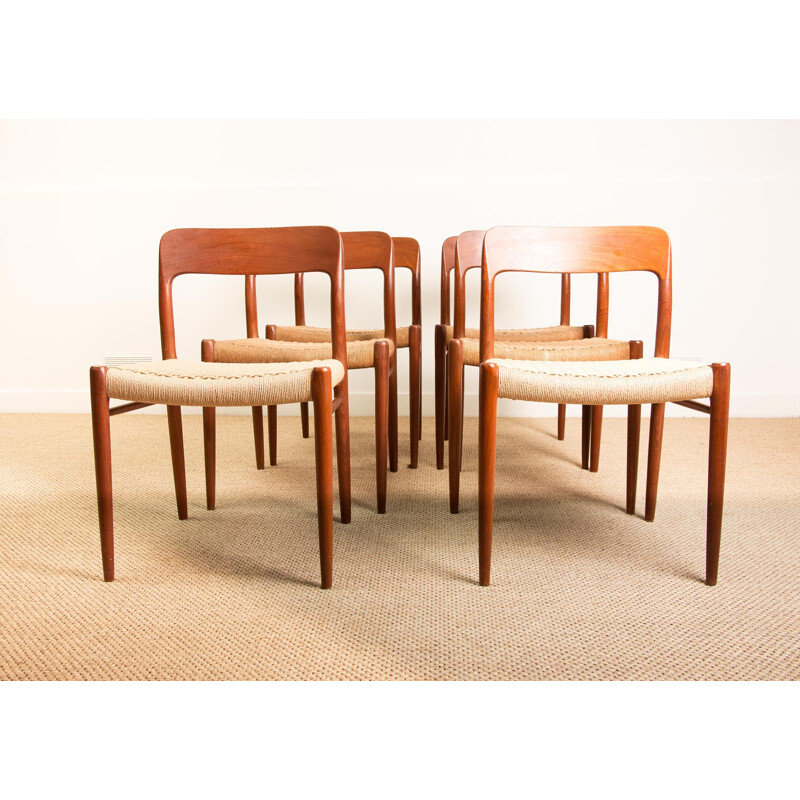 Set of 6 vintage teak and string chairs model N 75 from N.O.Moller Danoises 