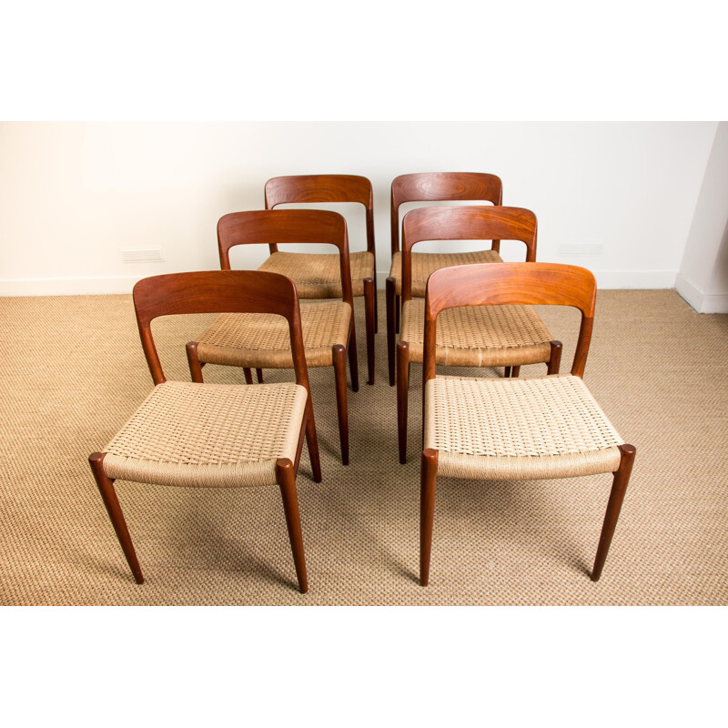 Set of 6 vintage teak and string chairs model N 75 from N.O.Moller Danoises 