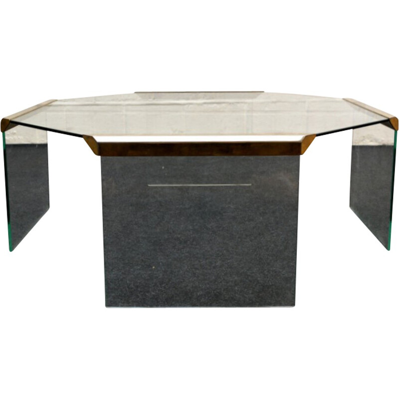 Octagonal glass and brass Gallotti & Radice coffee table, Pierangelo GALLOTTI - 1970s