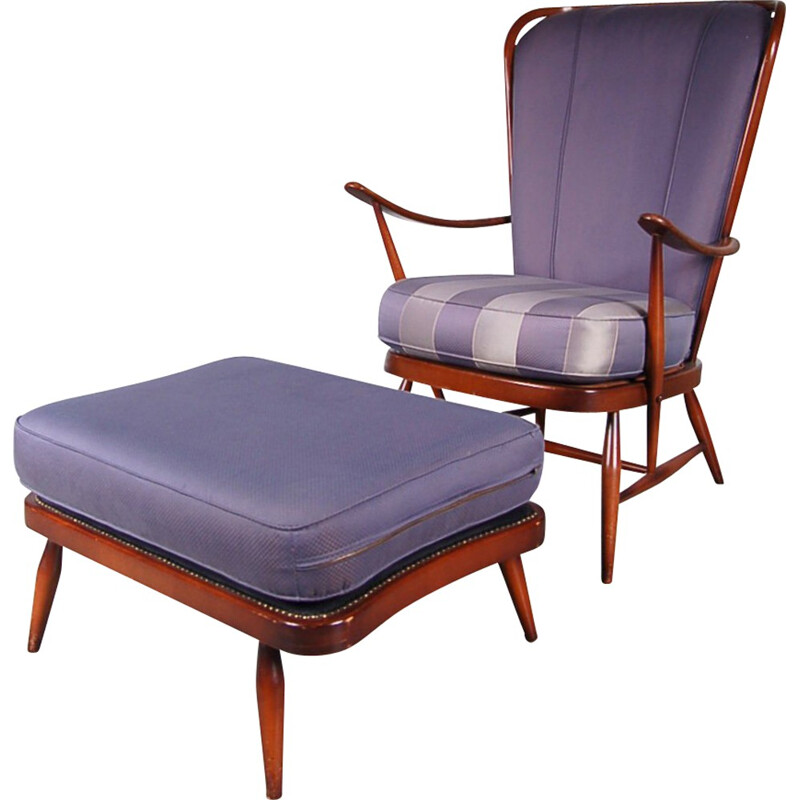 Armchair and its foot rest  in beech and purple fabric, Lucian ERCOLANI - 1950s