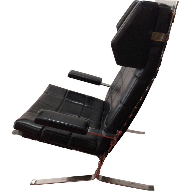 Airbone "Joker" black armchair in leather and chromium, Olivier MOURGUE - 1970s