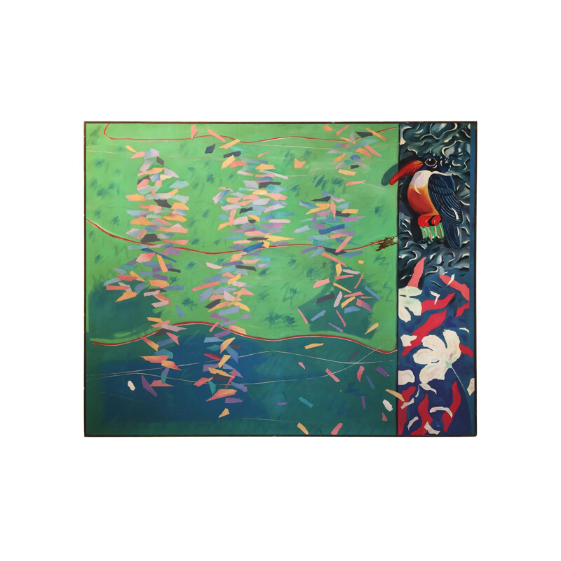 Peinture à l'huile sur toile vintage "kotillion du martin-pêcheur" par Richard Frank, 1980