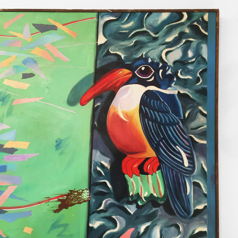 Pintura a óleo vintage sobre tela "Kingfisher kotillion" de Richard Frank, 1980