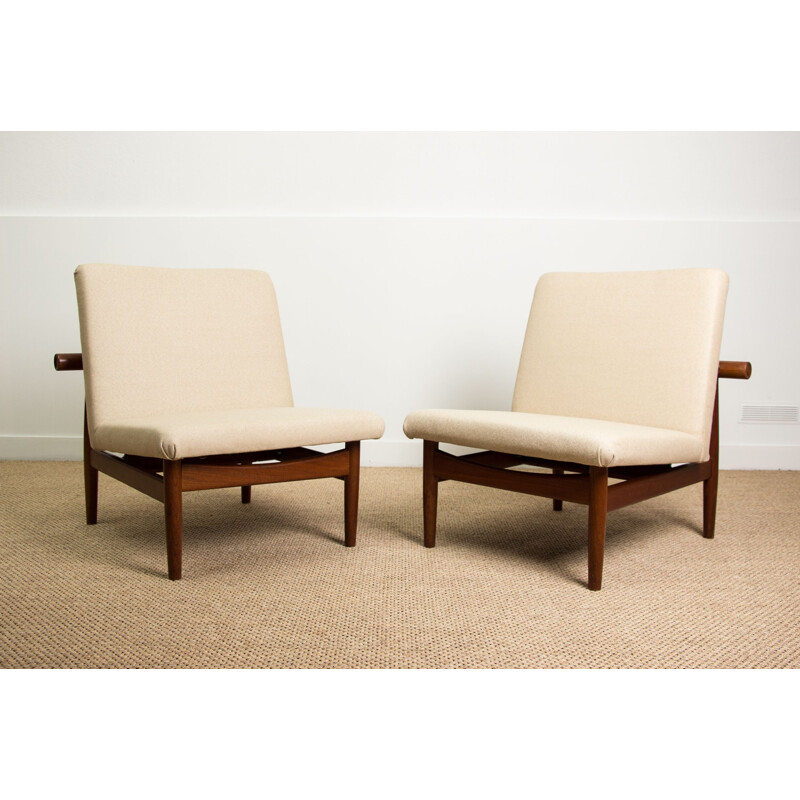 Pair of Vintage Teak, Brass and Fabric Armchairs, model 137 by Finn Juhl Danish 1958